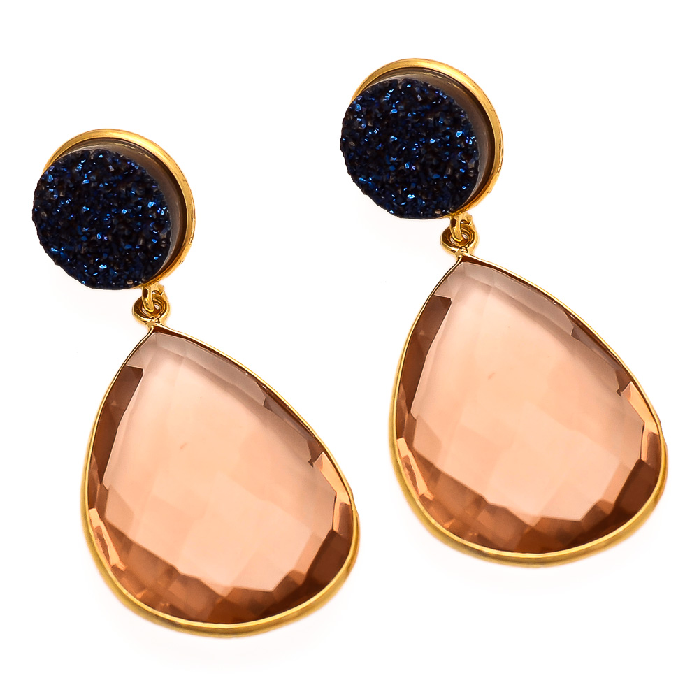 !! Champagne Pink Quartz And Blue Druzy Drop Earrings