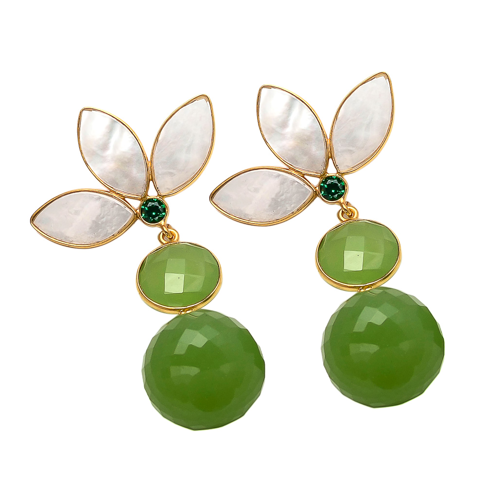 Micron Gold Plated Lotus Flower With Sea Foam Pale Green Chalcedony And Shell Gemstone Earrings