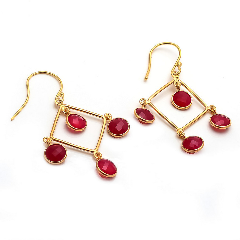 Trendy Beautiful Design Four Round Fuchsia Chalcedony Stone Earrings- Micron Gold Plated