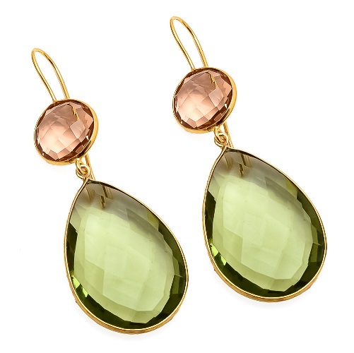 Green Amethyst Quartz And Champagne Quartz Vermiel Gold Plating Earrings